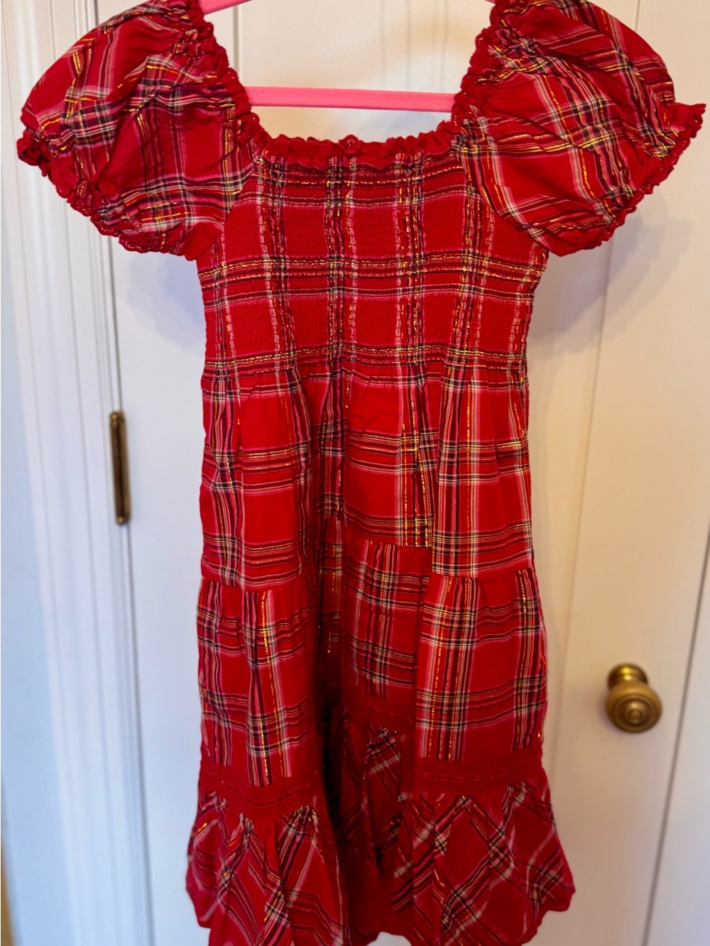 LoveShackFancy Red Plaid Puff-Sleeve Tiered Dress NWT